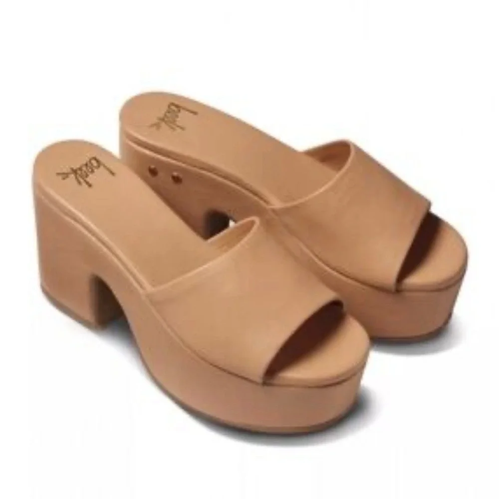 BEEK Ibis Beach Leather‎ Platform Sandals Tan Brazil Block Heel Slide Womens 9